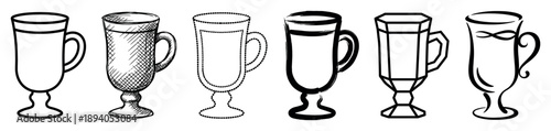 Set of six glass mugs for hot beverages, illustrated in various black and white artistic styles including sketch, brush stroke, dotted line, and geometric line art