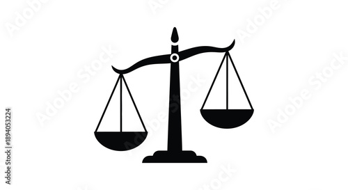 A stark black silhouette depicts a traditional scales of justice representing legal balance and impartial judgement silhouette high quality professional