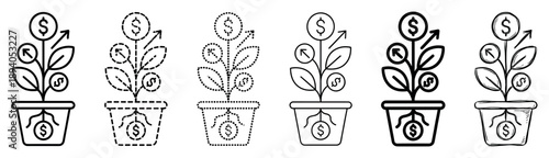 Set of money plant growth icons in various line art styles representing financial investment, profit, and return on investment with dollar coins and an upward arrow symbol