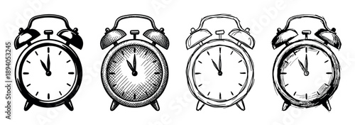 Four hand-drawn vintage alarm clocks in a row, each with a unique sketch style from solid black to cross-hatching, showing the time approaching twelve o'clock in a monochrome illustration