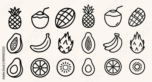 A minimalist line icon set of various fruits in outline style, including pineapples, apples, bananas, and citrus fruits, arranged in rows on a clean background.