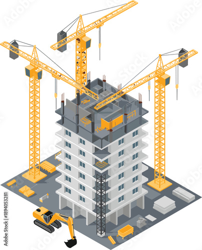 Isometric construction site, urban building development, tower cranes, excavator, structural framework, civil engineering, construction materials, architectural progress, equipment