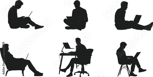 Laptop user silhouettes in seated poses, ergonomic posture, remote work, casual computing, black icons, digital lifestyle, cartoon style
