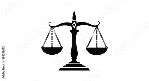 A stark black scales of justice illustration represents legal concepts such as fairness impartiality and equilibrium a silhouette high quality