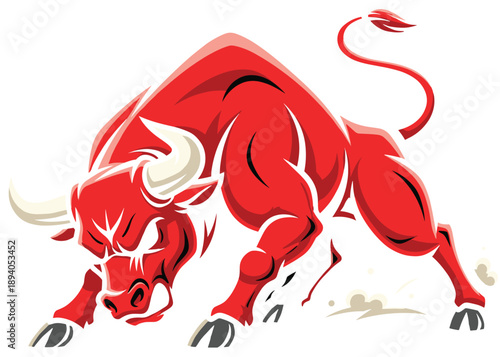 Powerful Charging Red Bull Vector Illustration with Strong Horns for Sports Team Mascots, Energy Drink Branding, Financial Market Bullish Logos, and Bold Graphic Designs