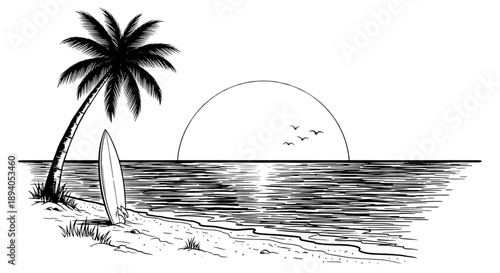 Tropical Beach Sunset Line Art with Palm Tree and Surfboard. Ocean Horizon Sketch for Summer Vacation and Travel.