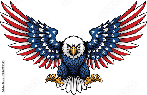 Patriotic American Bald Eagle Vector with Spread Wings Featuring United States Flag Stars and Stripes Design for Fourth of July, Military, and Independence Day Graphics