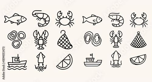 A minimalist line icon set featuring various seafood and boat illustrations in outline style, including fish, shrimp, crab, and citrus slices, arranged in a grid on a plain background.