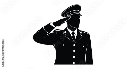 A striking image depicts a uniformed military officer giving a salute rendered as a bold silhouette high quality professional detailed