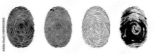Set of four black fingerprint illustrations showing different artistic styles including classic, cross-hatch, sketch, and grunge for identity and security concepts