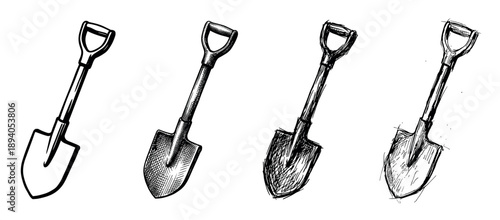 Four hand-drawn garden shovels in a row showing a progression of artistic style from simple outline to detailed crosshatching, presented as a black and white ink sketch illustration