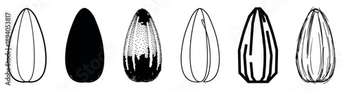 Set of six black sunflower seed illustrations showcasing various graphic styles from simple outline and solid silhouette to stippled, geometric, and sketchy hand-drawn designs