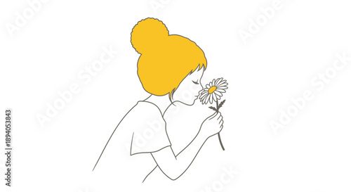 A minimalist illustration of a woman smelling a daisy flower