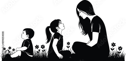 Mother and children sitting in a field of flowers