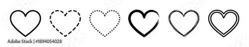 Set of six black heart icons showing different outline styles like dashed, dotted, brush stroke, sketch, and double line, representing love and romantic feelings