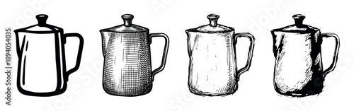 Four hand-drawn coffee pot pitcher illustrations in a vintage sketch style showing different ink hatching and drawing techniques in a single row