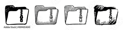 Four hand-drawn zipped folder icons in various sketchy doodle styles, a set of black and white symbols representing digital data compression, archiving, and file storage