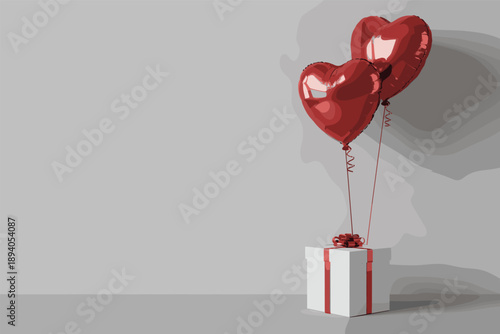 Valentine gift box with heart balloons, red ribbon, romantic celebration, love present, foil hearts, gray background