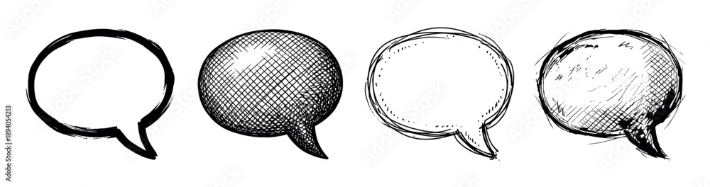 Naklejka premium Four hand-drawn black ink speech bubbles in a rough sketch style, showcasing various artistic textures including crosshatch, stipple, and scribble for graphic design elements