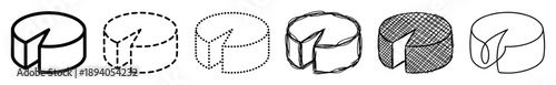 Set of six cheese wheel icons with a cut slice presented in various artistic styles including solid, dashed, dotted, sketchy, hatched, and thin line art illustrations