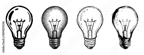Four hand-drawn light bulbs in various sketch styles, a monochrome collection of doodle illustrations representing creativity, innovation, brainstorming, and bright ideas