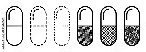 Collection of black and white capsule pill icons in a simple graphic line art style, showing variations with solid, dashed, dotted, and hatched patterns