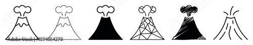 Six different volcano icon designs presented in a row, showcasing various artistic styles like simple outline, silhouette, geometric, dotted, and hand-drawn scribble