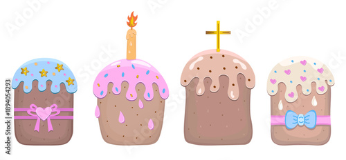 Easter cakes with sugar glaze, vector color set. Kulichi with cream, whimsical illustrations. Festive yeast pies with sprinkles and icing running down, paska pastry pictograms