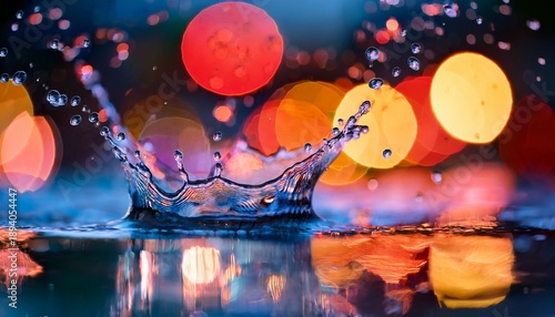 water droplets splash against a vibrant background with colorful bokeh lights during a calm evening generative ai