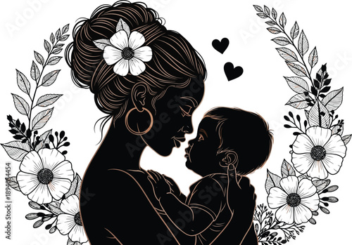 Romantic silhouette of loving couple with floral wreath