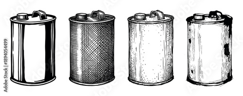 Four vintage metal oil cans in a hand-drawn sketch illustration style showcase different textures like crosshatching, stippling, and grunge for a retro industrial design