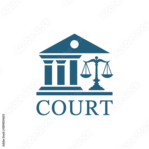 A blue and white illustration depicting a courthouse and scales of justice