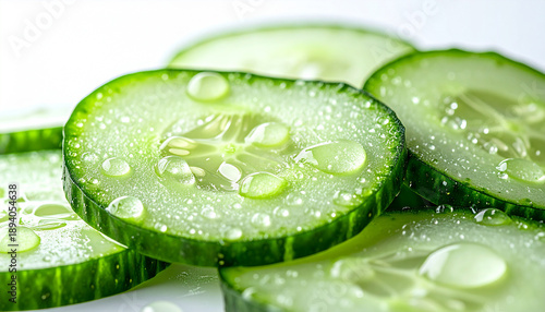 Fresh green cucumber slices with water drops isolated on white background. Organic and tasty vegetable