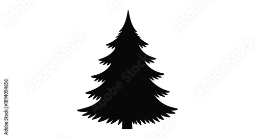 A stark black silhouette of a coniferous evergreen tree stands prominently against a plain white background silhouette high quality professional