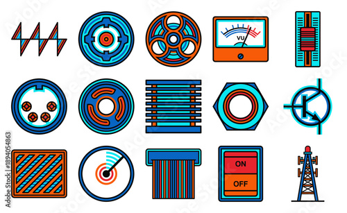 Flat Vector Retro Electronic and Analog Audio Symbols Graphic Set for Music Engineering and Technology Enthusiasts