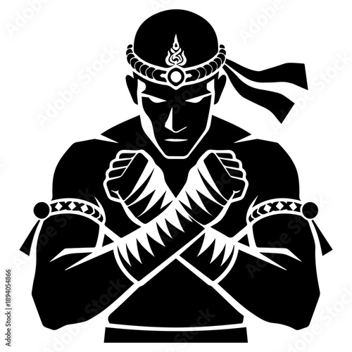 A vector logo depicting a stylized Muay Thai fighter in a traditional fighting stance on a white isolated background.