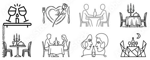 Set of eight romantic dinner icons in various black and white line art styles illustrating love, dating, and celebration with couples, wine, and elegant table settings