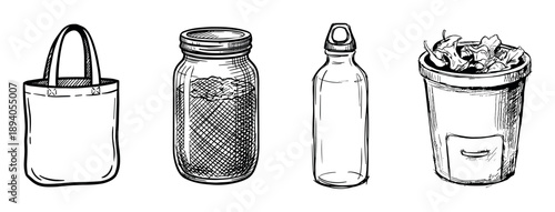 Set of hand-drawn zero waste items including a tote bag, glass jar, reusable bottle, and compost bin in a black and white sketch illustration style for sustainable living concepts