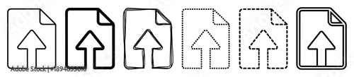 Set of black upload file icons with an arrow symbol, presented in various outline styles including bold, hand-drawn sketch, dotted, and dashed for web or app interface design