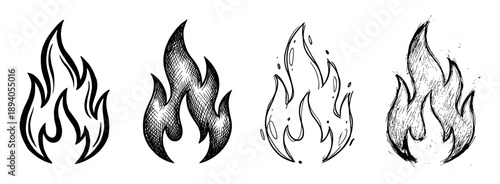 Set of four hand-drawn fire flame icons in a black and white sketch style, showcasing different artistic variations like outline, cross-hatching, and grunge textures