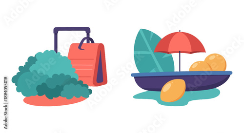 Stylized illustration of a boat with fruit foliage and a parasol