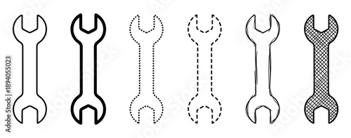 Set of six black wrench icons showing different illustrative styles like outline, dotted, dashed, and hand-drawn sketch for repair or construction concepts