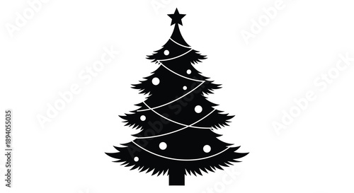 A strikingly simple black christmas tree design features rounded ornaments and a star atop presented as a silhouette high quality