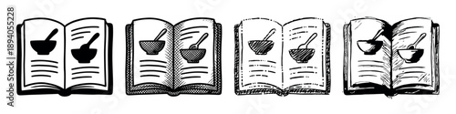 Four hand-drawn open recipe books show illustrations of a bowl and spoon in various sketch styles, from a simple silhouette to detailed crosshatching, representing cooking instructions
