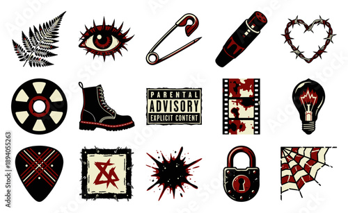 Grungy Alt-Rock Hand-Drawn Graphic Element Kit for Punk Culture and Alternative Lifestyle Branding