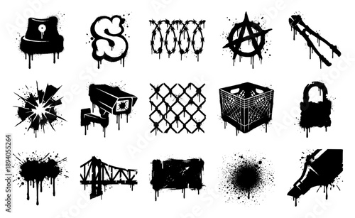 Grunge Stencil Graffiti Street Art Vector Graphic Set for Urban Clothing and Rebel Culture