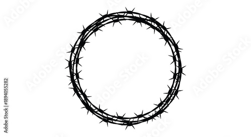 A stark black circular frame constructed from intertwined barbed wire evokes confinement and danger presented as a silhouette high quality