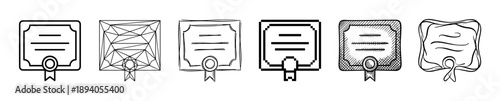 Set of six black certificate icons in various artistic styles including line art, geometric, sketchy, pixel art, engraved, and distorted, showing a collection of diploma symbols