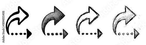 Collection of four black share icons rendered in different hand-drawn artistic styles, from a clean solid shape to a rough, expressive sketch with cross-hatching details