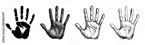 Set of four black handprint illustrations showing different artistic styles from solid silhouette to detailed crosshatch and loose ink sketch, representing identity and creativity